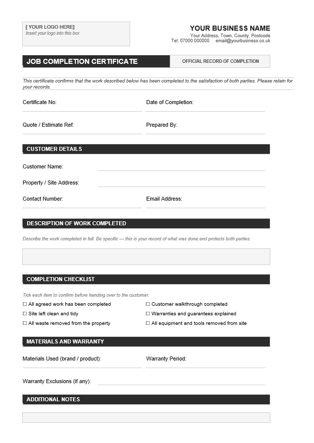Lexi's Job Completion Certificate
